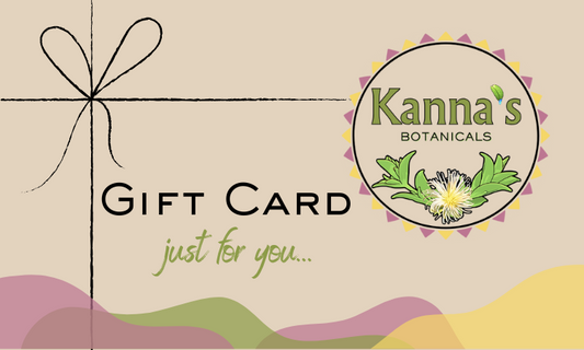 Gift card from Kanna's Botanicals with decorative elements on a beige background.
- Kanna's Botanicals LLC