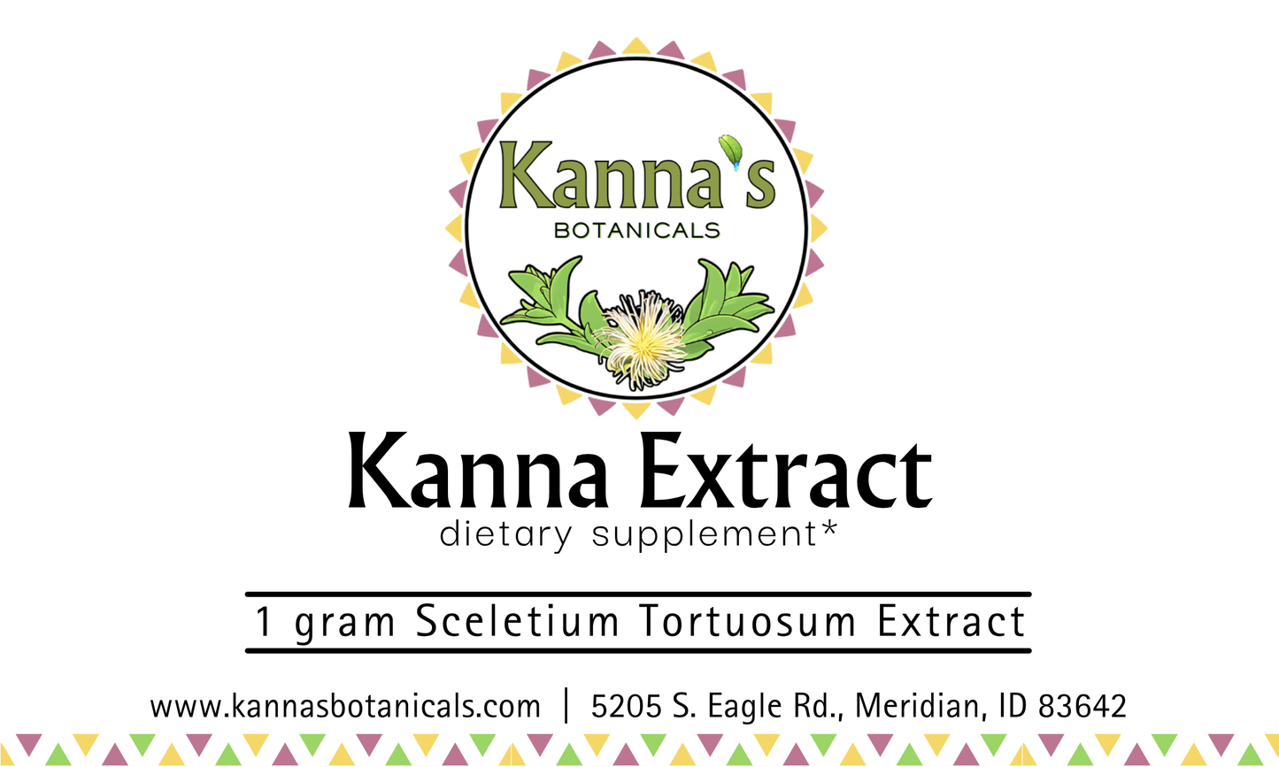 Front Label: White background with Kanna's Botanicals Logo in top center, followed by 'Kanna Extract' and 'dietary supplement*' with '1 gram Sceletium Tortuosum Extract between two black lines, below that is the website and address. The bottom has a border alternating yellow, pink and green triangles.
Product: Kanna Full Spectrum Extract Powder (1g jar). 
- Kanna's Botanicals LLC