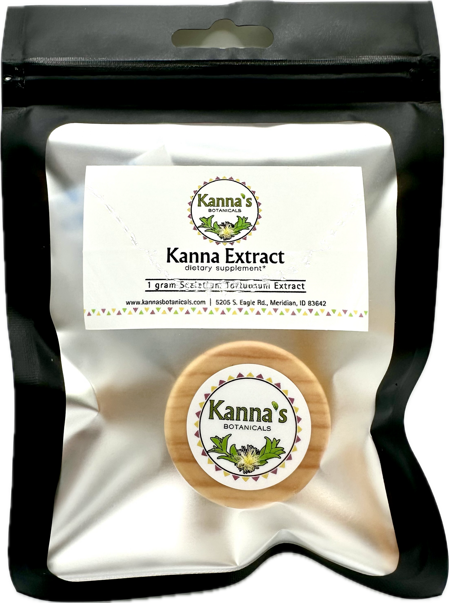 Black bag package with clear front with a Kanna's Botanicals Kanna Extract label above a small  jar with a wooden lid with Kanna's Botanicals logo sticker on top. 
Product: Kanna Full Spectrum Extract Powder (1g jar). 
- Kanna's Botanicals LLC
