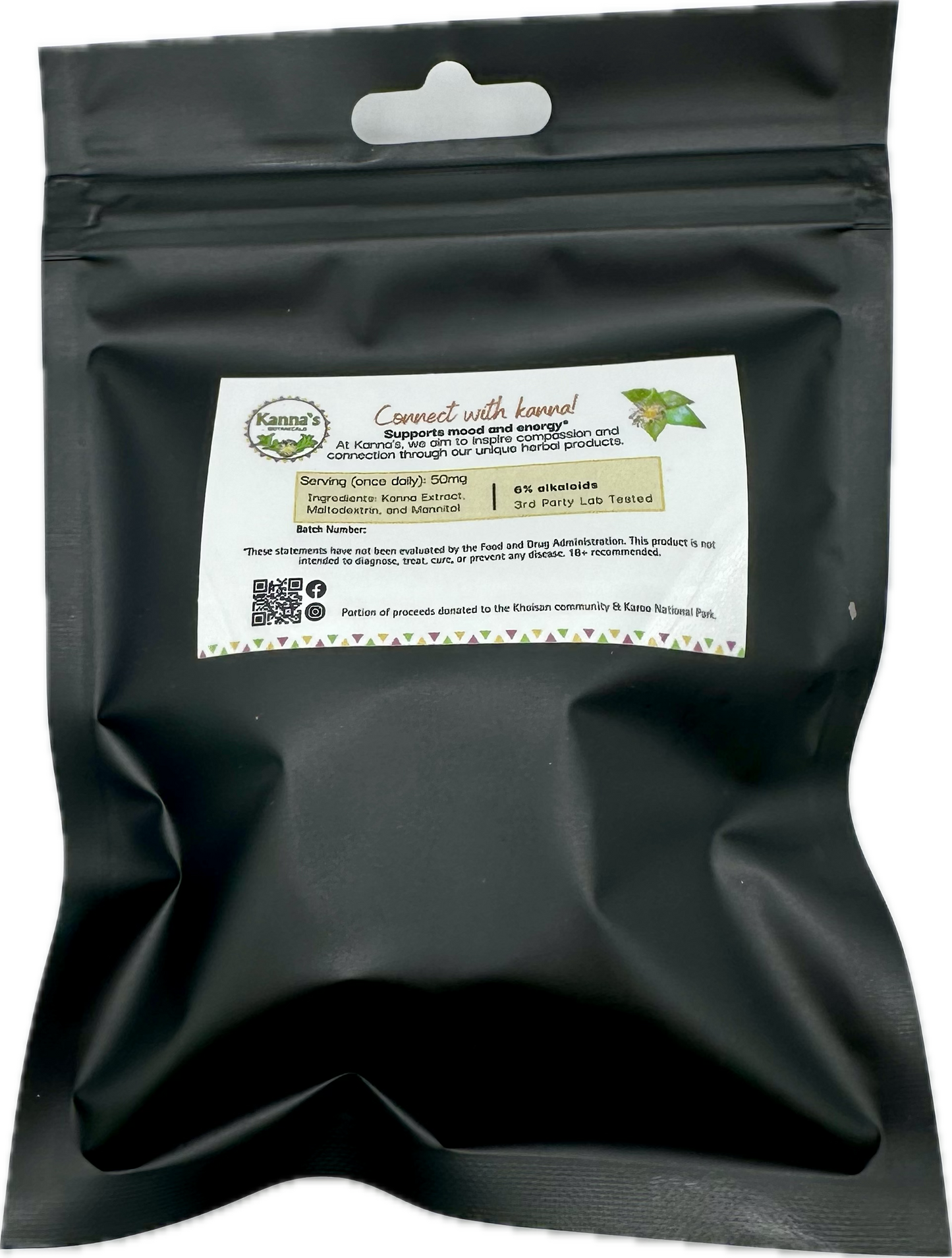 Back of black bag package with a Kanna's Botanicals Kanna extract label containing dosage information. 
Product: Kanna Full Spectrum Extract Powder (1g jar). 
- Kanna's Botanicals LLC