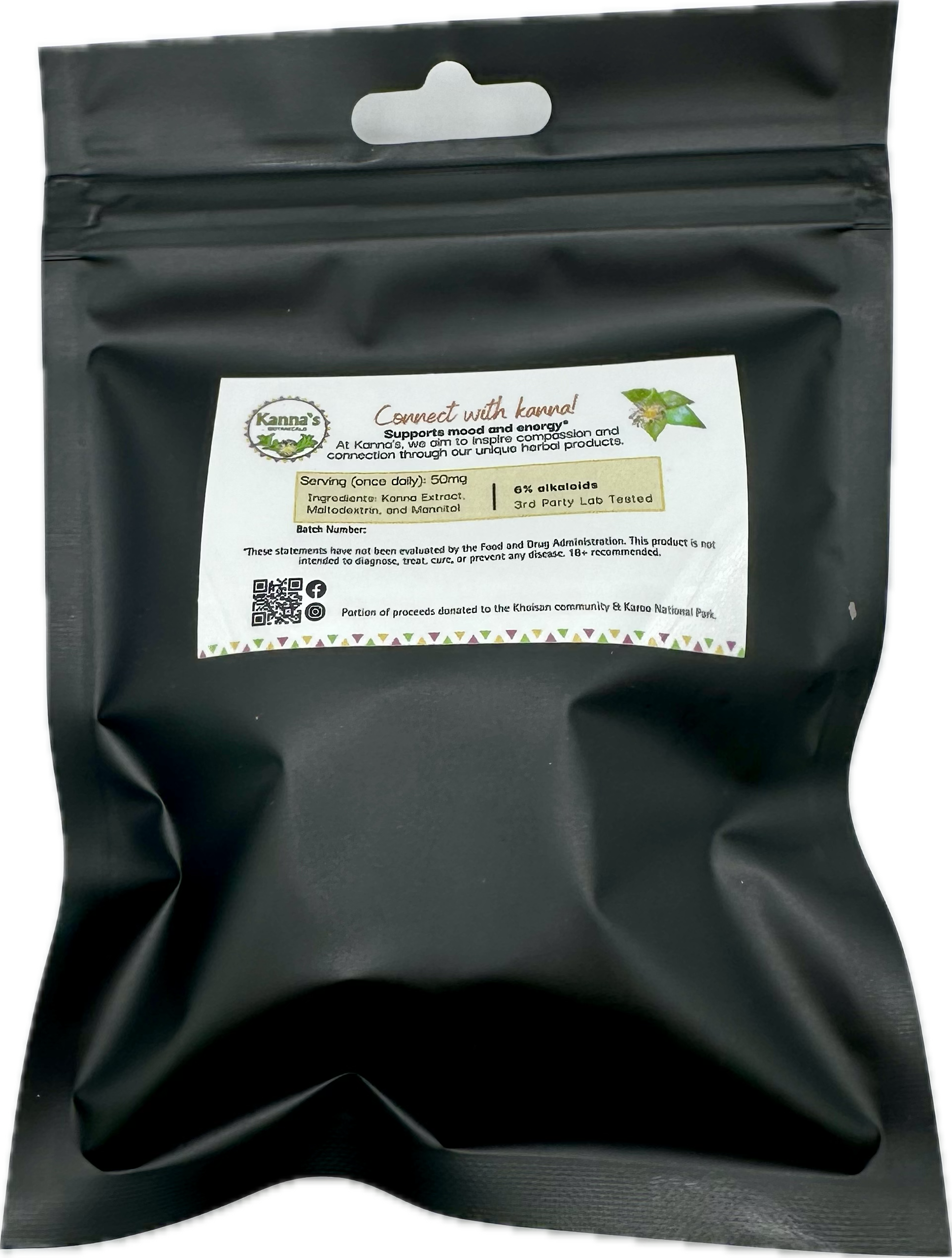 Back of black bag package with a Kanna's Botanicals Kanna extract label containing dosage information. 
Product: Kanna Full Spectrum Extract Powder (1g jar). 
- Kanna's Botanicals LLC
