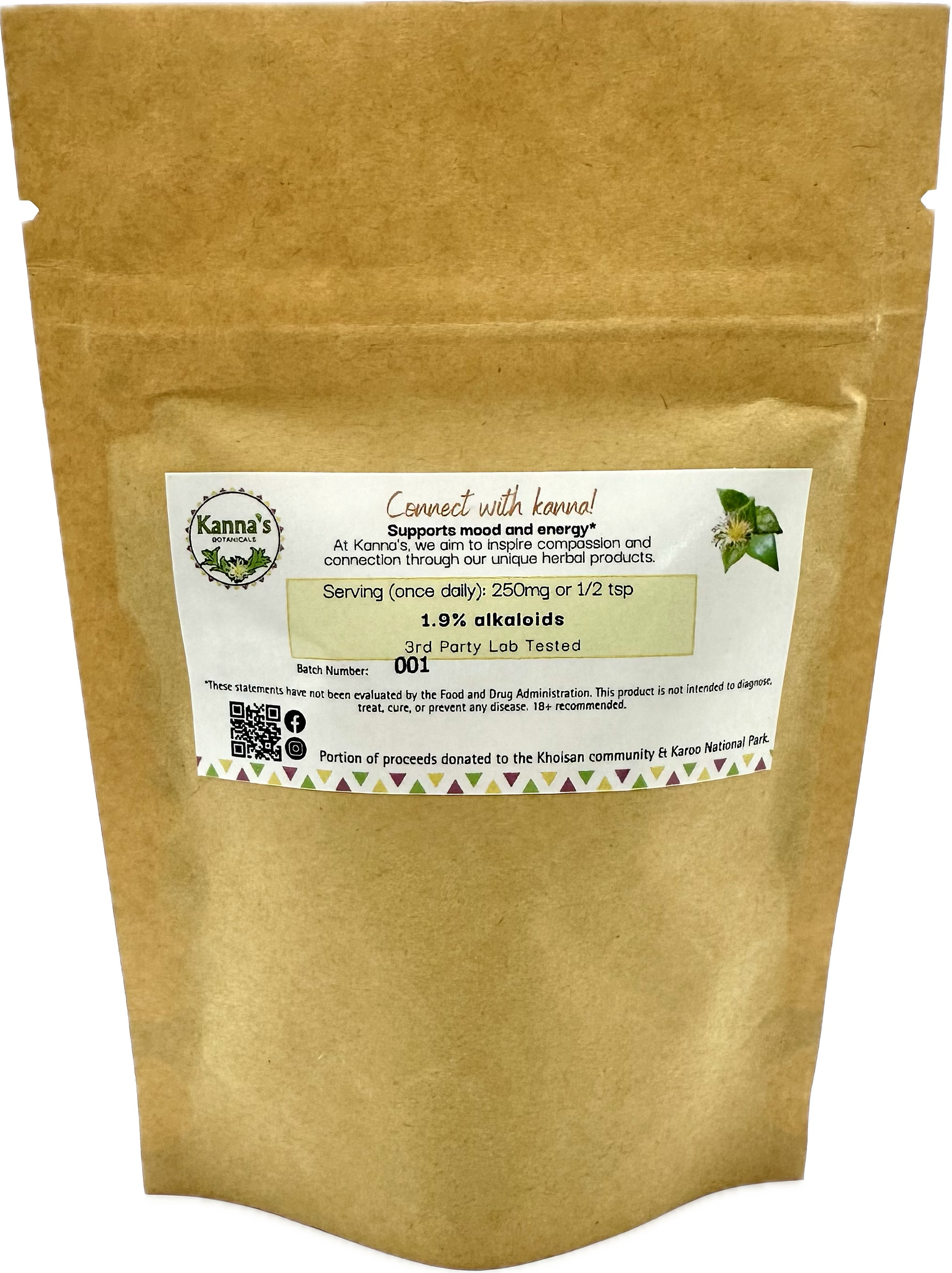 Kanna Dried Leaf 1oz tan bag with a white Kanna's Botanicals Dried Leaf  back label.
Product: Kanna Dried Leaf (1oz bag)
- Kanna's Botanicals LLC