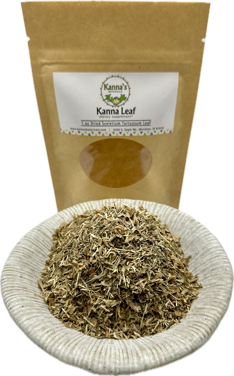 Kanna Dried Leaf 1oz tan bag with a white Kanna's Botanicals Dried Leaf Label above a round plastic viewing window with a ceramic bowl full of dried leaf in front.
Product: Kanna Dried Leaf (1oz bag)
- Kanna's Botanicals LLC