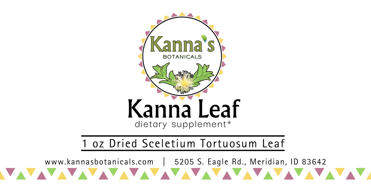 Front Label: White background with Kanna's Botanicals Logo in top center, followed by 'Kanna Leaf' and 'dietary supplement*' with '1 oz dried Sceletium Tortuosum Leaf' between two balck lines, below that is the website and address. The bottom has a border alternating yellow, pink and green triangles.
Product: Kanna Dried Leaf (1oz bag) 
- Kanna's Botanicals LLC