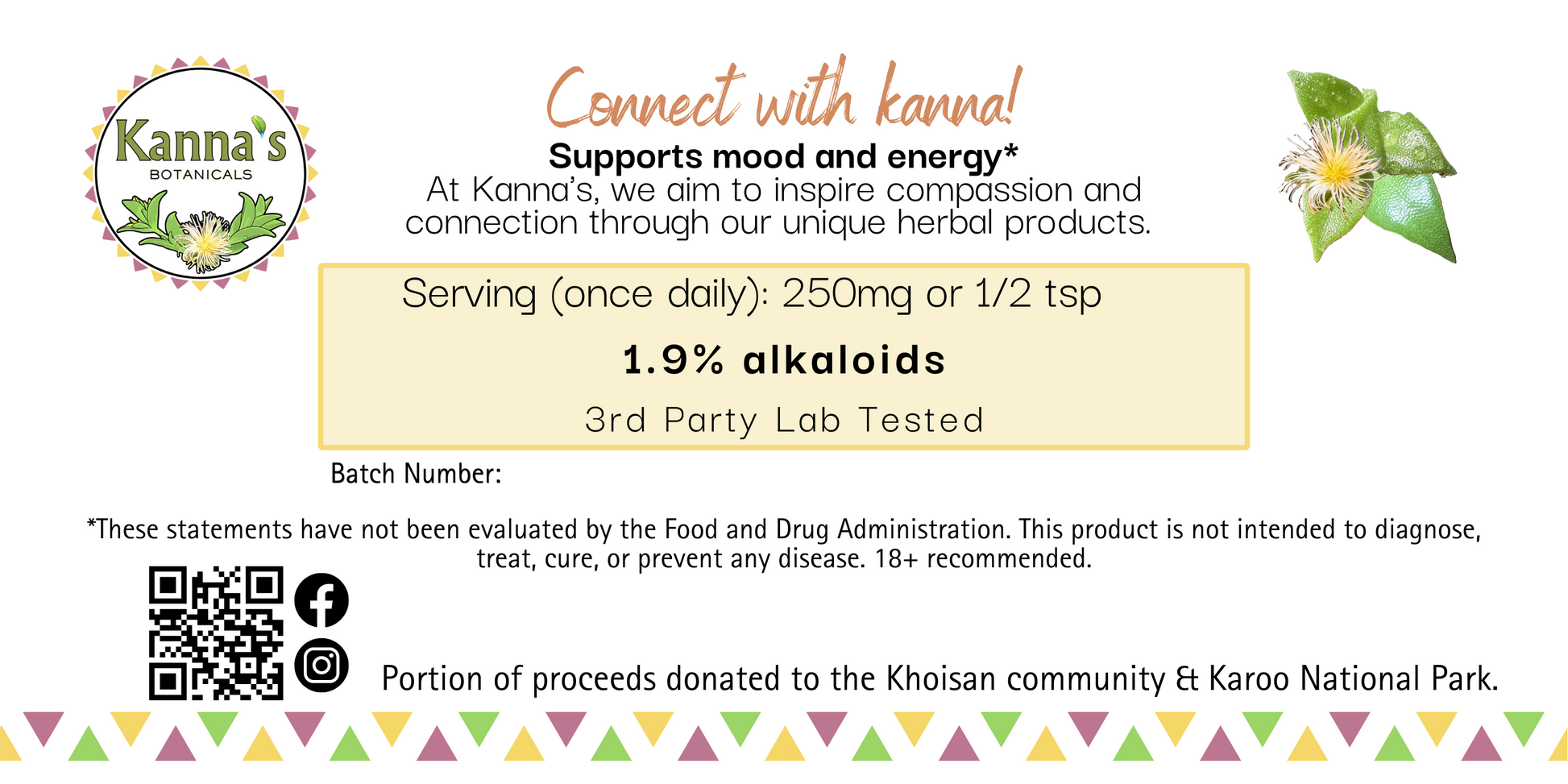 Back Label: Kanna's herbal product packaging with a white background and text about support for mood and energy, serving information, and third-party lab testing details.
Product: Kanna Dried Leaf (1oz bag)
- Kanna's Botanicals LLC