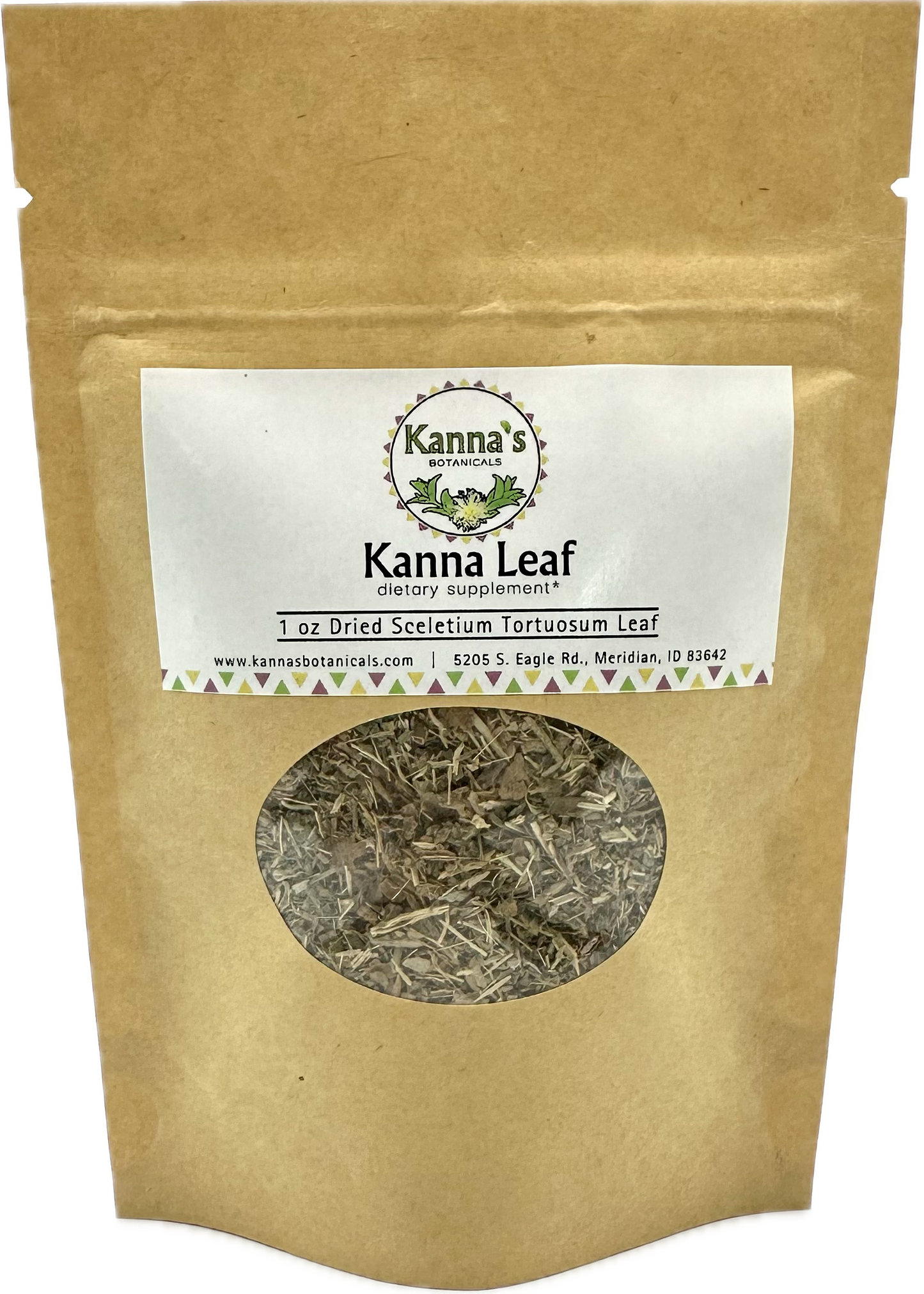Kanna Dried Leaf 1oz tan bag with a white Kanna's Botanicals Dried Leaf front label above a round plastic viewing window with dried leaf inside.
Product: Kanna Dried Leaf (1oz bag)
- Kanna's Botanicals LLC