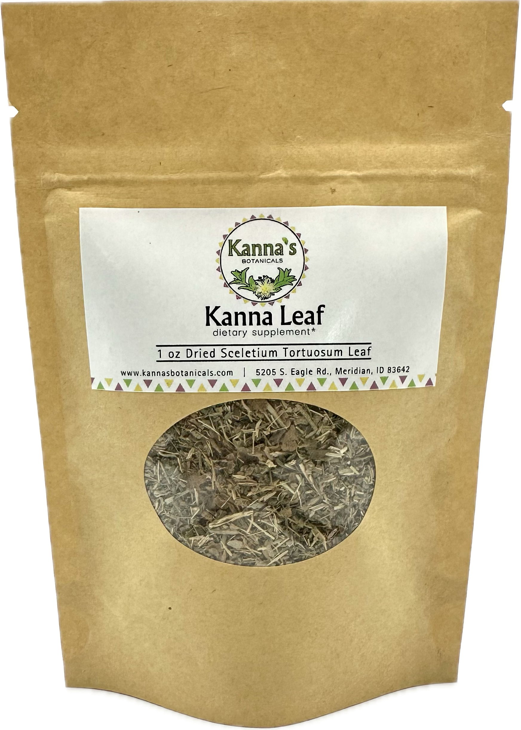 Kanna Dried Leaf 1oz tan bag with a white Kanna's Botanicals Dried Leaf front label above a round plastic viewing window with dried leaf inside.
Product: Kanna Dried Leaf (1oz bag)
- Kanna's Botanicals LLC
