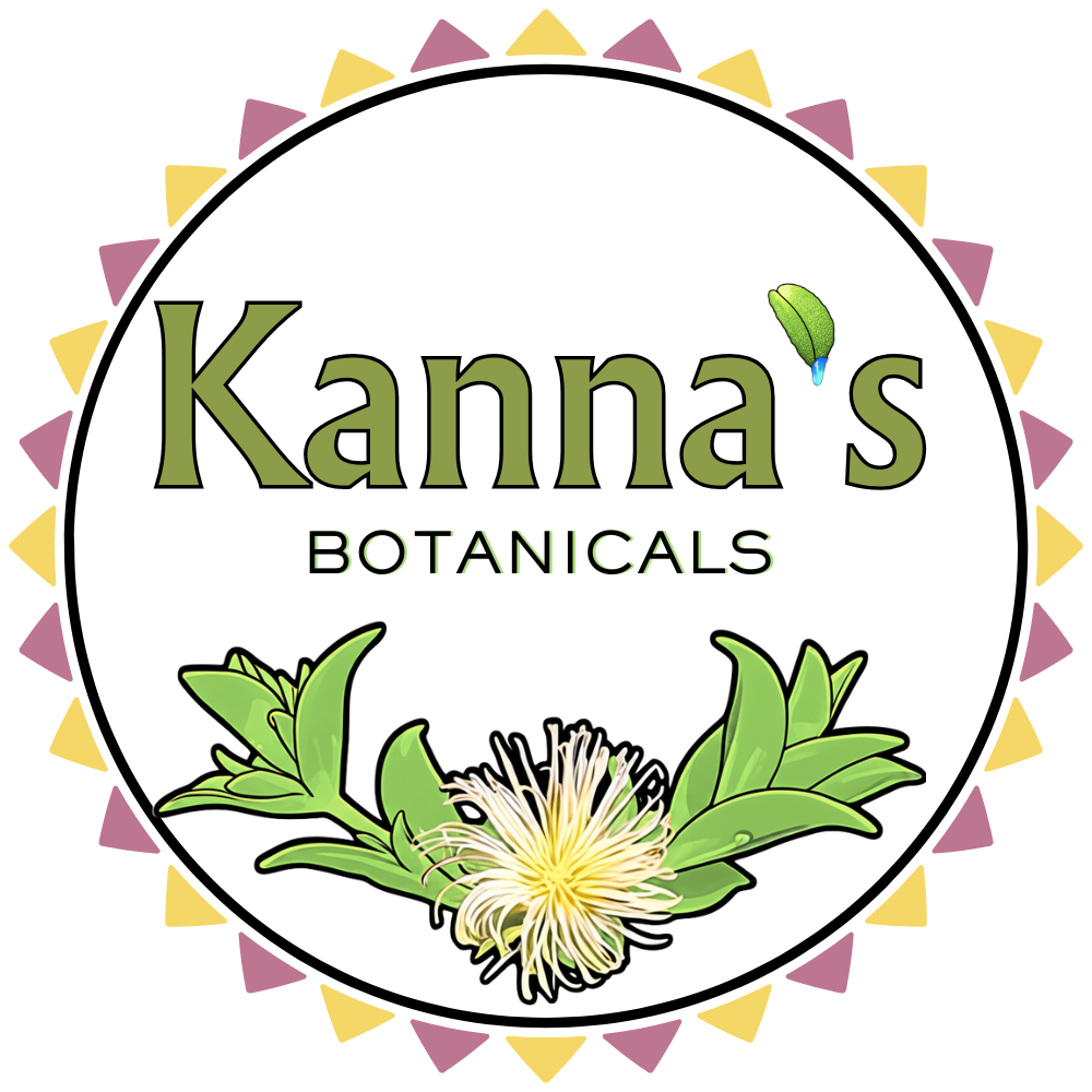 Kanna's Botanicals LLC Logo with a white background. Black circle outline with alternating pink and yellow triangles on the outside of it. Inside the black circle contains Kanna's in green letters with a kanna leaf and water droplet as the apostrophe, botanicals underneath in all caps black letters above a cartoon drawing of kanna plant arms and stringy white and yellow flower in the center.
- Kanna's Botanicals LLC