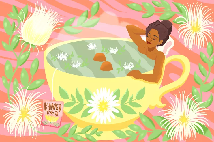 Yellow teacup filled with kanna tea and a black women relaxing with kanna plants around and flower on the cup over a pink and salmon striped background. Picture from; https://www.verywellmind.com/news-is-kanna-really-natures-mdma-heres-what-you-need-to-know-5425954
 - Kanna's Botanicals