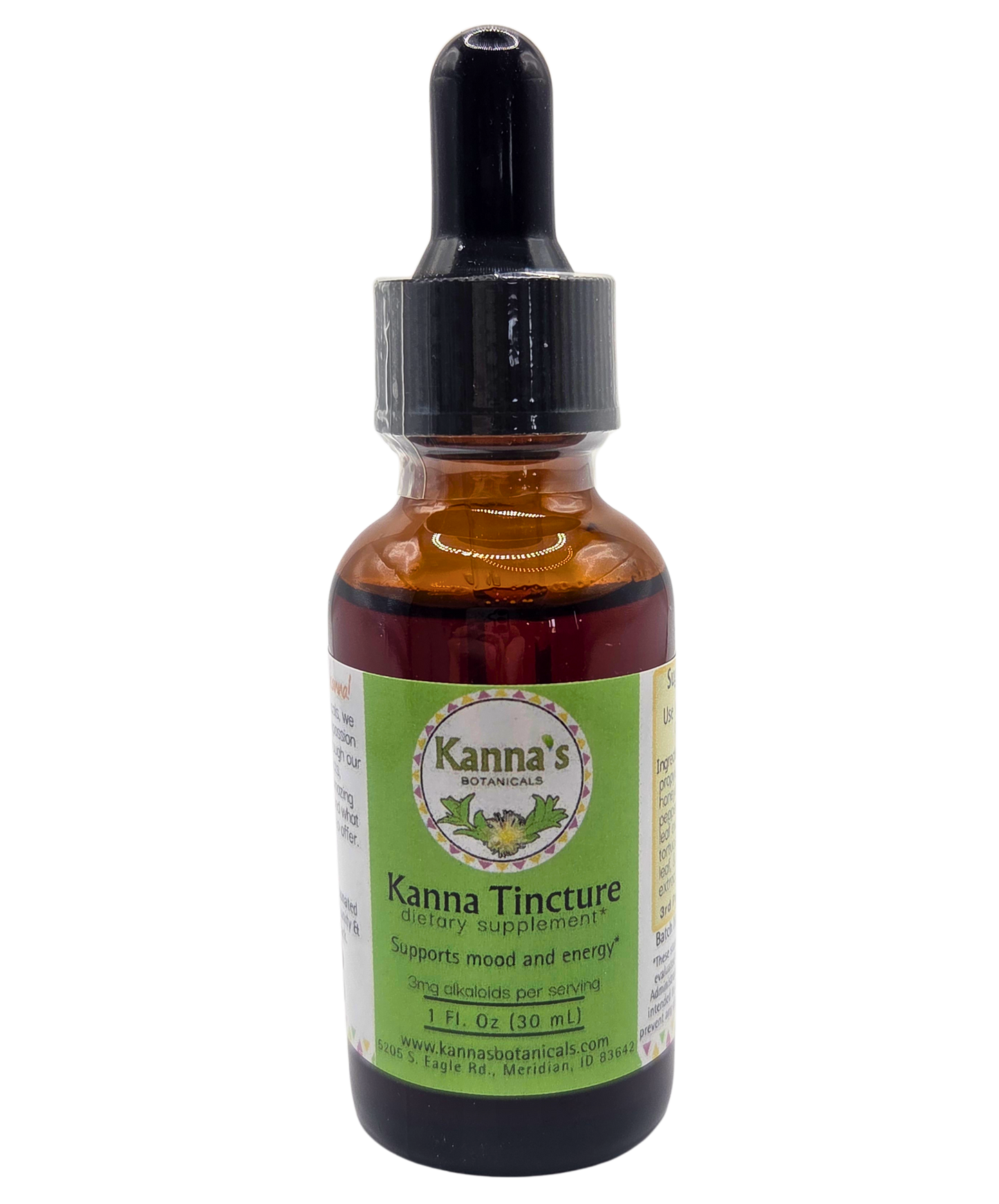 Kanna Full Spectrum Tincture (30mL Bottle) front with Kanna Tincture label.
Product: Kanna Full Spectrum Tincture (30mL Bottle) 
- Kanna's Botanicals LLC