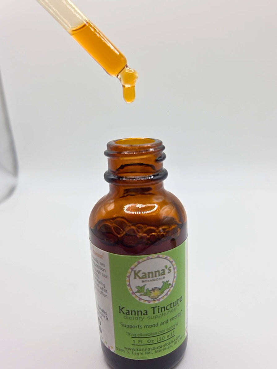 Kanna Full Spectrum Tincture (30mL Bottle) with a Kanna Tincture label in front of a white background with the dropper pulled out and amber liquid droplet coming out.
Product: Kanna Full Spectrum Tincture (30mL Bottle) 
- Kanna's Botanicals LLC