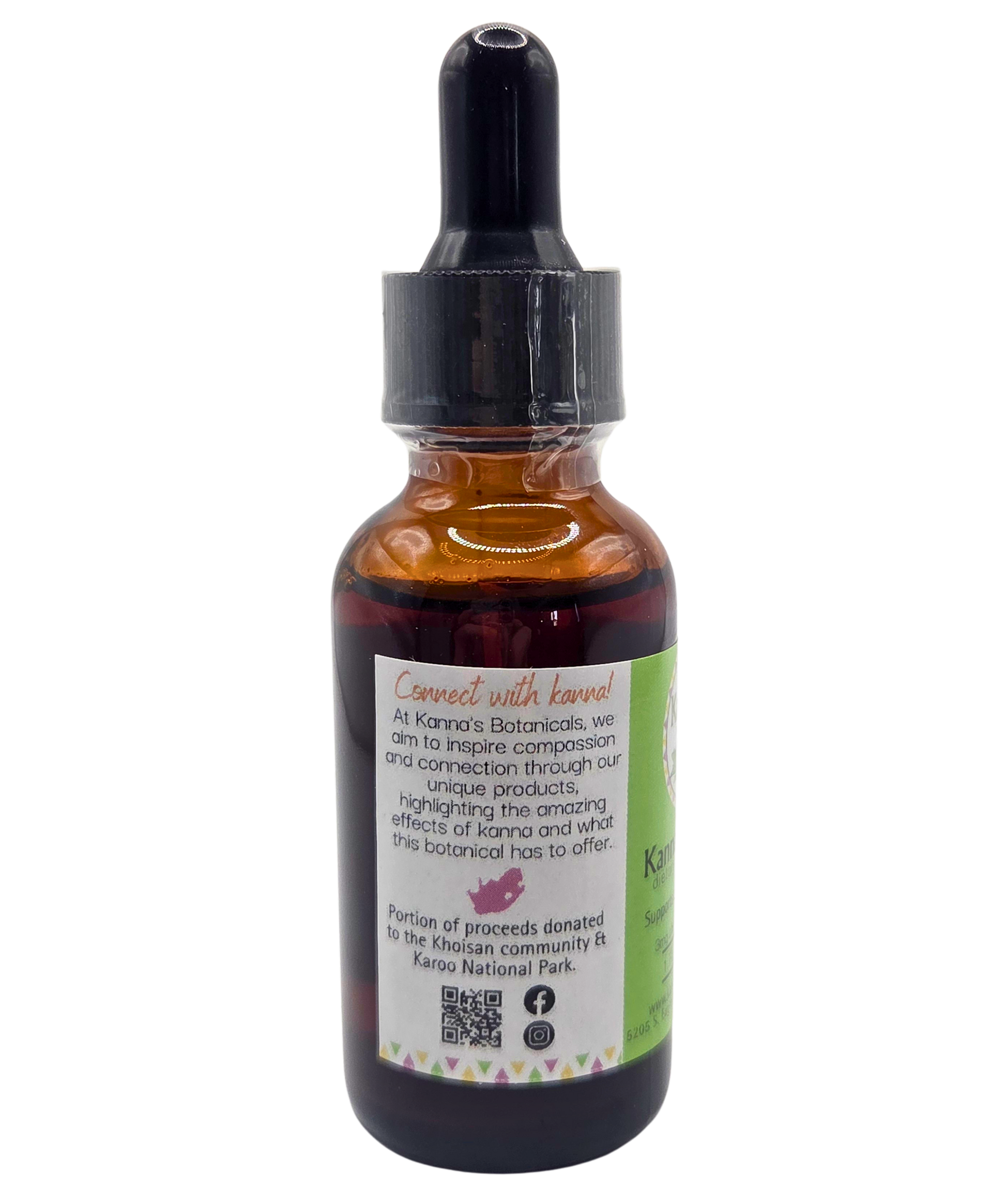 Kanna Full Spectrum Tincture (30mL Bottle) with Kanna Tincture label left side showing.
Product: Kanna Full Spectrum Tincture (30mL Bottle) 
- Kanna's Botanicals LLC