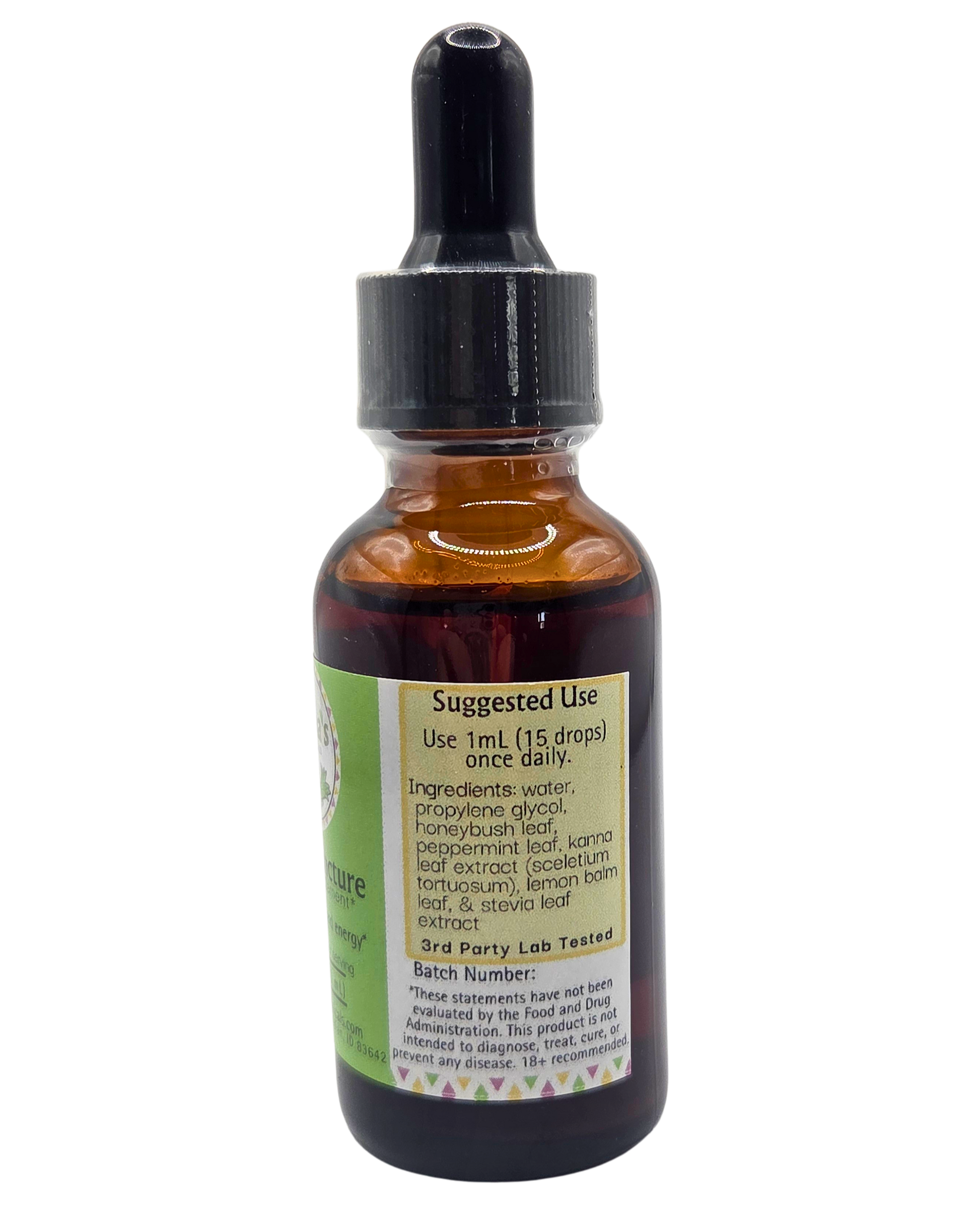 Kanna Full Spectrum Tincture (30mL Bottle) with Kanna Tincture label right side showing.
Product: Kanna Full Spectrum Tincture (30mL Bottle) 
- Kanna's Botanicals LLC