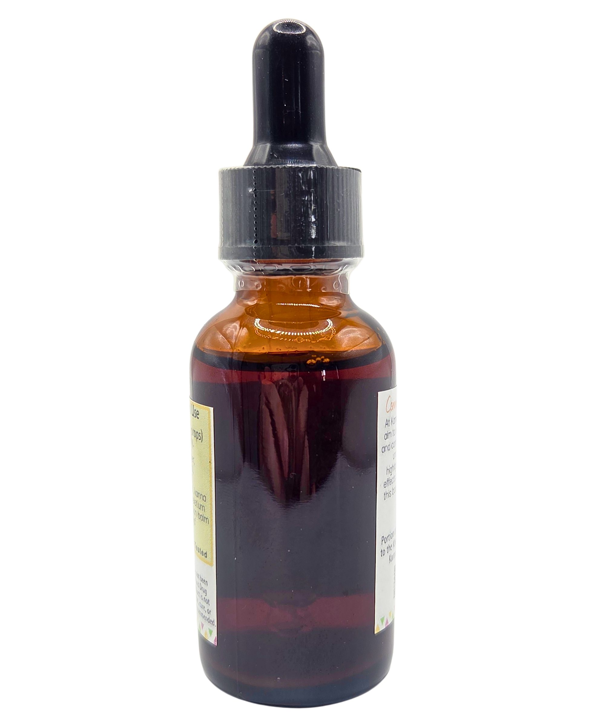 Kanna Full Spectrum Tincture (30mL Bottle)  amber bottle with amber liquid.
Product: Kanna Full Spectrum Tincture (30mL Bottle) 
- Kanna's Botanicals LLC