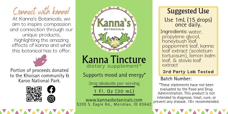 Kanna's Botanicals Kanna Tincture label with product details and branding.

Product: Kanna Full Spectrum Tincture (30mL Bottle) 
- Kanna's Botanicals LLC